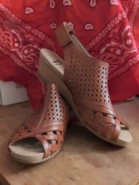 Earth Brown Perforated Leather Wedge Sandals